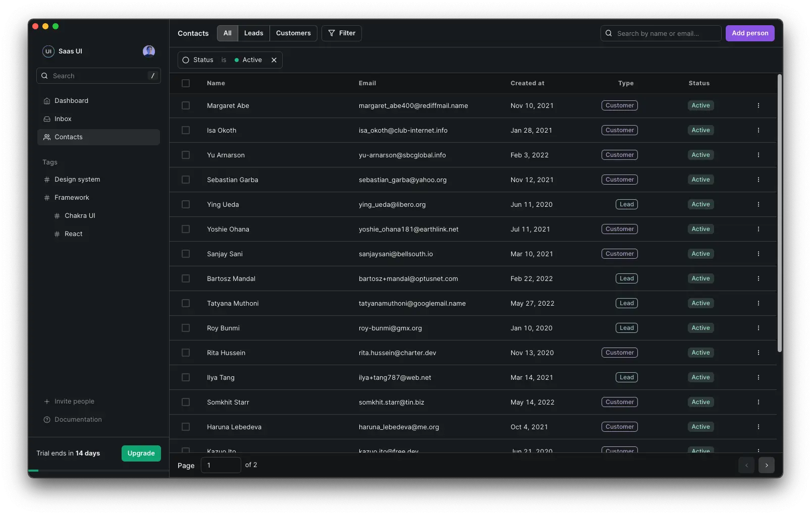 Screenshot of a ListPage in Saas UI Pro